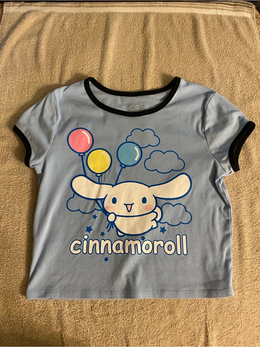 Sanrio Cinnamoroll Light Blue Crop Top with Black Trim and Balloon Graphic
